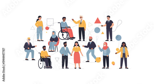 Diverse Multicultural Community: People of All Ages, Abilities, and Backgrounds United in Inclusion and Equality. Network Connection Concept.
