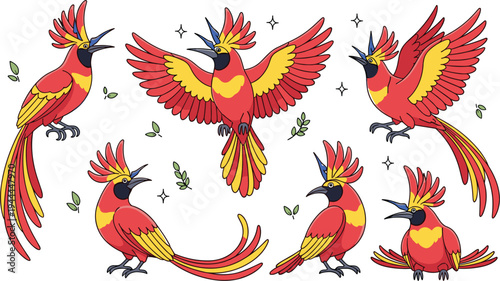 Colorful phoenix mythical bird collection with flying and perched poses fantasy fire bird cartoon flat vector illustration set