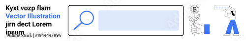 Web search, eco-friendly concepts, technology, finance, online services, minimal design. Search bar with magnifying glass and icons nature, digital finance and technology. Web search