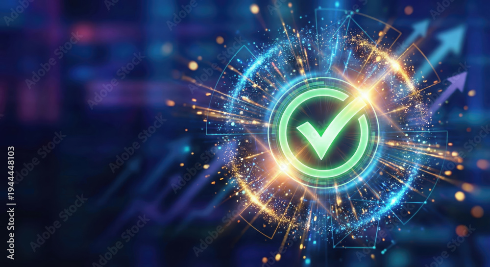 Obraz premium Approval icon glow abstract digital background, bright success energy spark effect colorful light