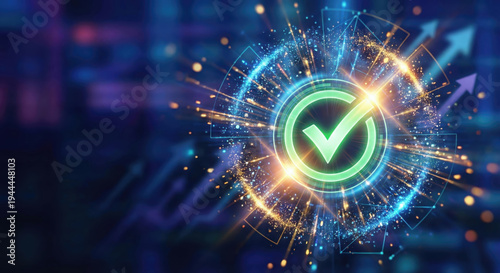 Approval icon glow abstract digital background, bright success energy spark effect colorful light