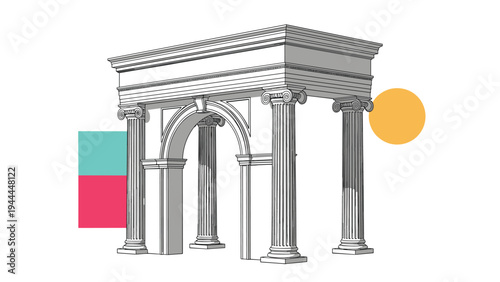 Detailed architectural sketch of an ancient classical portico with ionic columns and ornate pediment decoration on white.