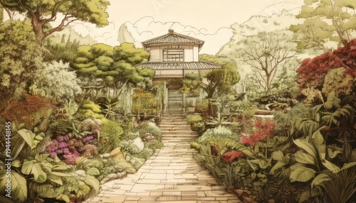 Serene Japanese Garden with Traditional House and Lush Vegetation.
