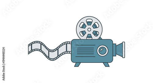 A simplified illustration depicts a vintage movie camera with film capturing a nostalgic cinematic feel silhouette high quality professional detailed