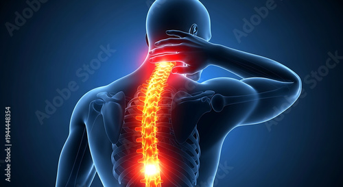 Human back pain with glowing inflamed spine and lower lumbar ache 3D illustration