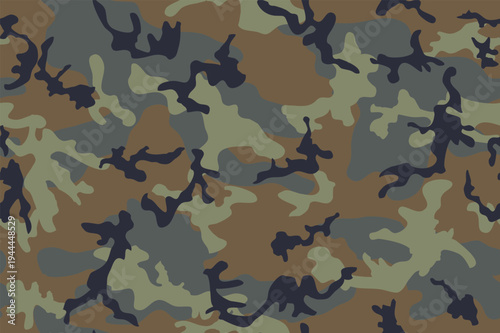 Seamless military camouflage pattern. The design features earthy military tones including olive green, light brown, pale green, and black. Ideal for backgrounds, textiles, fashion, and print.