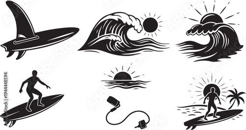 Surfing icons and wave graphics in black and white