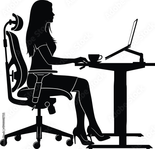 Office worker vector illustration set, black silhouette designs of woman at desk with laptop and coffee, creative resource for business, remote work, and productivity themes