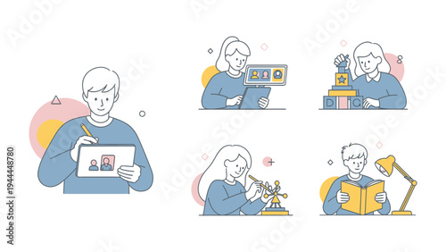 Artistic Study and Learning: A collection of illustrations showcasing diverse individuals engaged in activities, expressing the essence of learning, drawing, and exploration. 