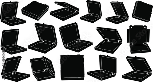 Pizza box vector illustration set, black silhouette packaging designs with open and closed positions, creative resource for food delivery, storage, and restaurant branding themes