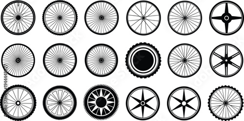 Wheel vector illustration set, black silhouette designs with diverse spoke patterns, rims, and hub styles, creative resource for mechanical, transportation, and design themesWheel vector 