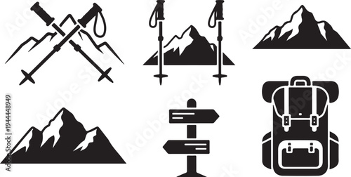 Hiking and travel icons in black and white color