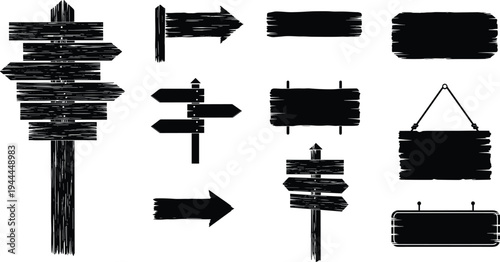 Wooden signpost vector illustration set, black silhouette designs with rustic arrows, hanging boards, and directional signs, creative resource for navigation, signage, and graphic themes