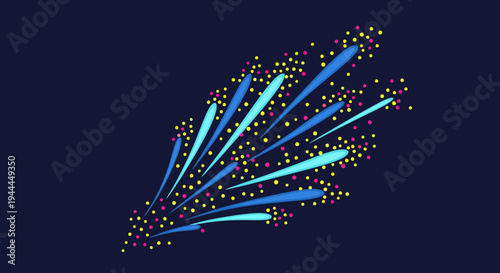 An abstract illustration captures the vibrant energy of a celebratory explosion, featuring dynamic blue streaks and scattered colorful particles against a dark background.