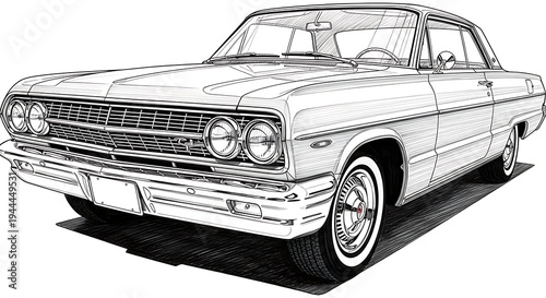 Detailed black and white line art illustration of a vintage 1964 Chevrolet Impala classic car, shown from a front three-quarter view.