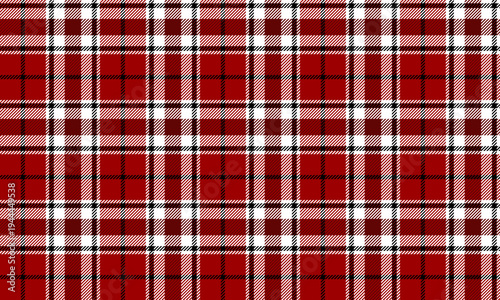 Seamless plaid fabric in red, white, and black. Suitable for textiles, clothing, skirts, dresses, and various fashion projects. Ideal for designs requiring simplicity yet a striking look.