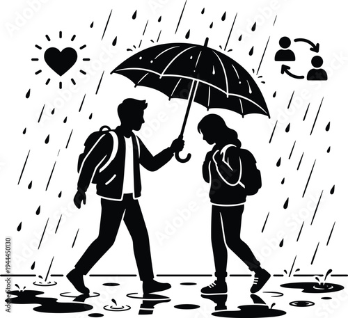 Kind Boy Holding Umbrella Protecting Girl Walking Together In Rain, Kindness Friendship Love Care Support Relationship Concept Vector Illustration