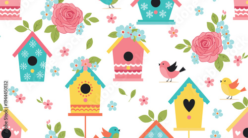 Spring Floral Seamless Pattern with Colorful Birdhouses Roses Birds and Blossoms Cute Cartoon Vector Background
