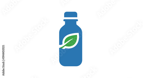 Blue bottle with green leaf logo.