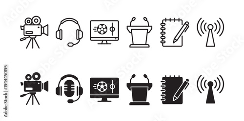 Media Production and Broadcasting Line and Glyph Icon Set Vector
