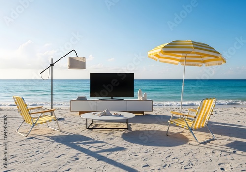 A serene beach setting with modern furniture and a calm ocean view