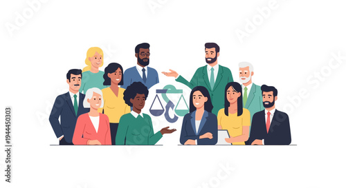 Diverse Legal Professionals and Lawyers Team with Justice Scales and Section Sign