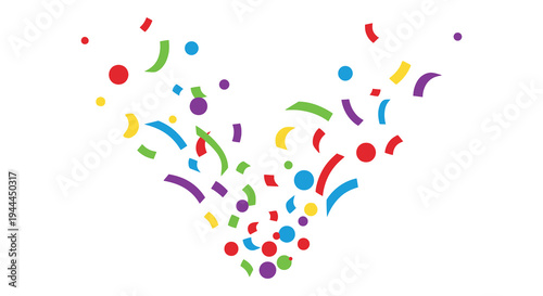 Colorful confetti bursts forming a heart shape against a white background creating a festive celebratory silhouette high quality professional detailed modern