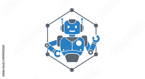 Blue robot with wrench and tools.