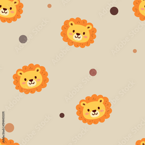 Cute hand drawn beige neutral color safari animals lion with polka tods on a pastel background, kids seamless pattern fo fabric and textile.