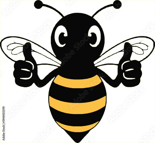 Cheerful cartoon bee giving double thumbs-up with striped body and wings