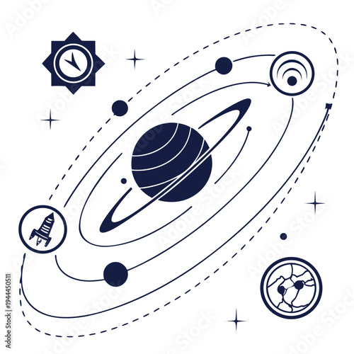 Dark blue planet with rings and space astronomy