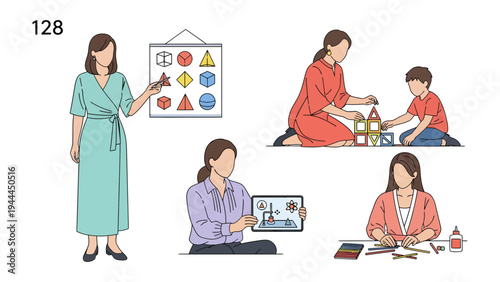 Playful Learning Moments: Capturing scenes of learning, a teacher facilitates a child's understanding of shapes and blocks