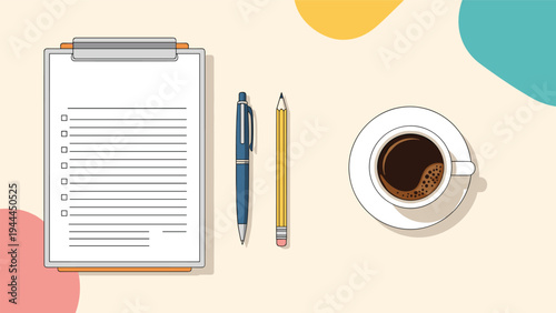 Overhead view of a workspace with a clipboard checklist, blue pen, yellow pencil, and a cup of black coffee on a colorful desk.