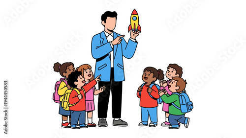 Teacher's Inspiration: A teacher captivates a group of young learners, pointing towards a miniature rocket, sparking curiosity and wonder about the limitless possibilities of education.