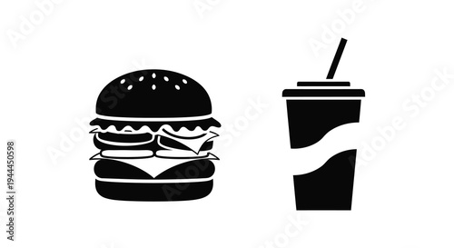A stark black graphic depicts a hamburger and a soda emphasizing fast food imagery in a bold silhouette high quality professional