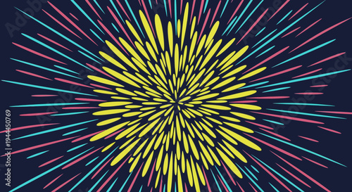 This vibrant and energetic abstract explosion features radiating yellow, pink, and blue lines against a dark background, perfect for celebratory designs.