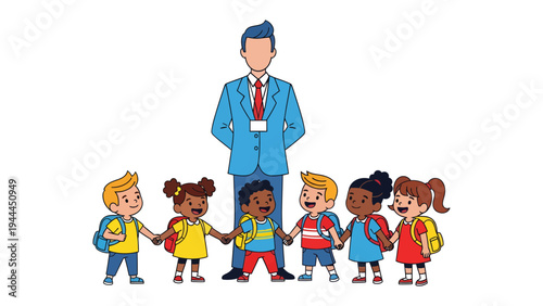 Harmony in Education: A teacher stands proudly amidst a circle of diverse children, each holding hands, in a display of unity, support, and the bright promise of early learning.