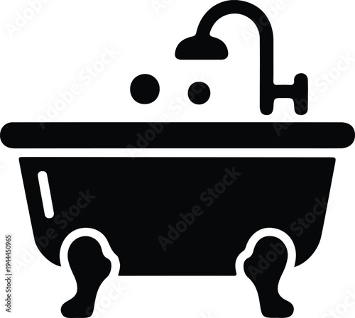 Minimal Bathtub Silhouette Bathroom Hygiene Icon, Simple black silhouette illustration of a classic bathtub with faucet and bubbles, representing bathing, hygiene, relaxation, and bathroom care.