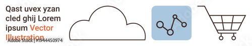 Technology, data exchange, cloud storage, e-commerce, online shopping, connectivity. Minimalist icons of a cloud, network diagram and shopping cart. Cloud storage and connectivity concept