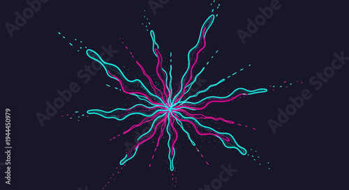 A vibrant abstract digital illustration featuring a dynamic radial burst of glowing teal and magenta wavy lines against a dark background, evoking energy and modern design.