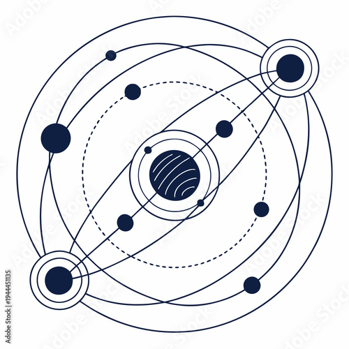 Dark blue atomic structure model with electrons orbiting nucleus