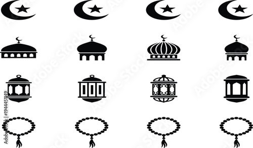 Islamic Ramadan icon set with crescent moon, mosque domes, lanterns and prayer beads silhouettes, traditional Muslim religious symbols for Ramadan Kareem and Eid design.