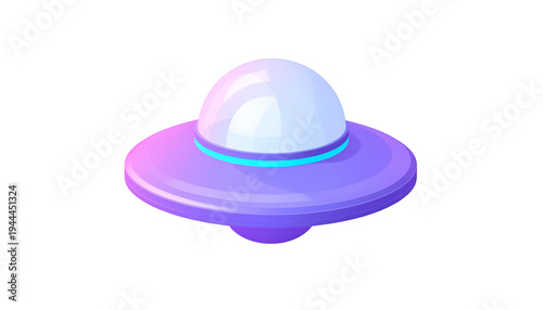 A cartoon-style flying saucer, in shades of purple and white, against a black backdrop