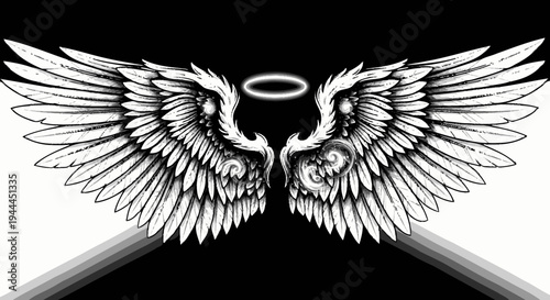 Majestic angel wings illustration with a glowing halo, depicting spirituality and divine elegance on a dark background.