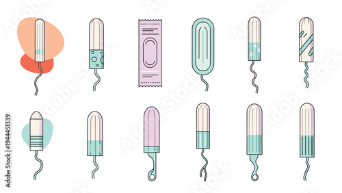Assorted feminine hygiene products including various sizes of tampons and a sanitary pad shown in a clean graphic layout.