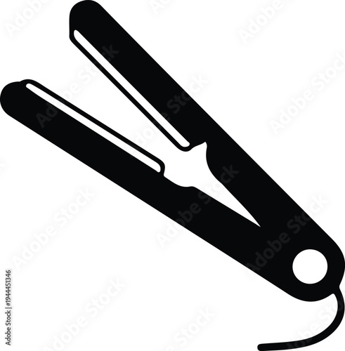 Minimal Hair Straightener Silhouette Beauty Tool Icon, Simple black silhouette illustration of a hair straightener, representing hairstyling tools, beauty salon equipment, and personal hair care routi
