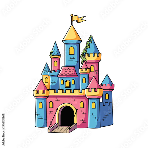 Colorful cartoon fairytale castle with turrets a flag and a drawbridge