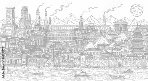 Intricate monochrome city skyline illustration with diverse global architecture, historical buildings, modern structures, and a river.