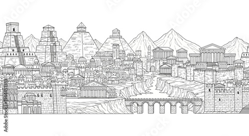 Panoramic seamless ancient city line art. Fantasy architecture illustration with pyramids, temples, bridges, and mountains.