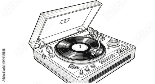 Detailed retro record player illustration with vinyl record, classic turntable line art, vintage music audio equipment.